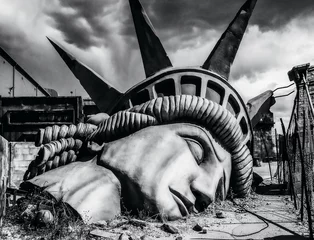 Foto auf Acrylglas Freiheitsstatue The iconic image of the statue of liberty destroyed - The end of the world - Apocalyptic vision of the future world - Disaster concept for climate change, global war, terrorism or alien attack