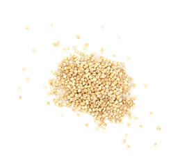 Pile of raw quinoa grains on white background, top view