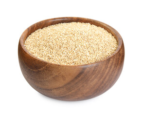 Wooden bowl with raw quinoa isolated on white