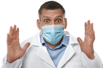 Doctor with protective mask feeling fear on white background
