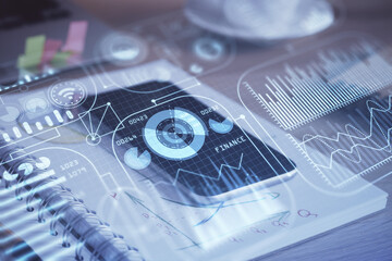 Double exposure of tech theme sketch over cell phone background. Concept of technology
