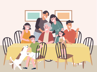 Flat style vector illustration of big happy family smiling on dining table. 