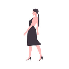Flat style vector illustration of cartoon model character in black dress and high heels isolated on white background.