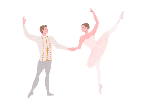 Flat Style Vector Illustration Pair Of Cartoon Ballet Dancer Character Posing Isolated On White Background.