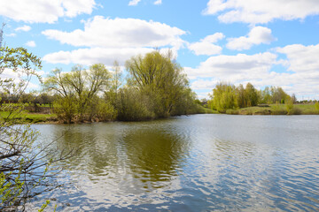 Spring sunny landscape with a lake and a reflection of the blue sky and young trees