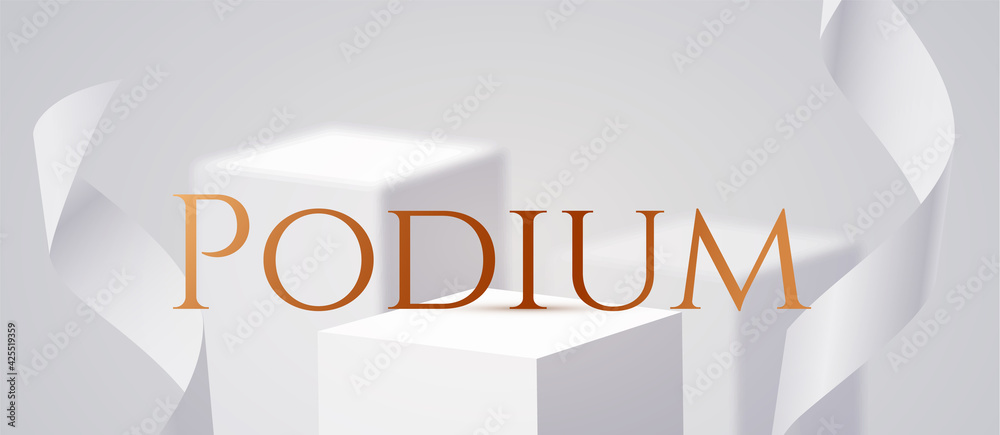 Wall mural 3d realistic white square podium with soft light and ribbon. cube showcase. product display