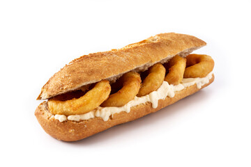 Calamari rings sandwich isolated on white background, typical food from Madrid