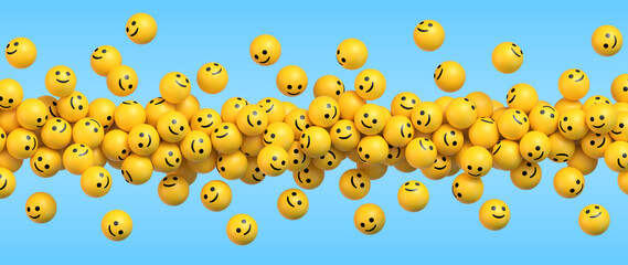 Many flying yellow balls with smiling faces on blue background. Social media and communications concept vector background