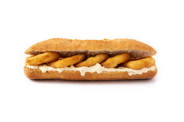 Calamari rings sandwich isolated on white background, typical food from Madrid