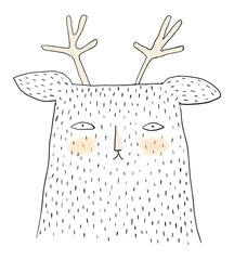 Simple Abstract Print with Funny Dear. Cute Nursery Vector Art ideal for Card, Wall Art, Girl and Boy Room Decoration. Black-White Hand Drawn Dear Isolated on a White Background. 