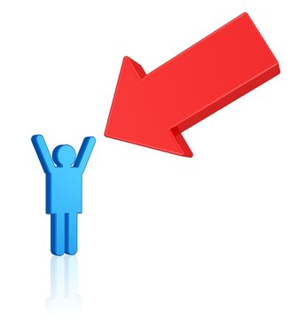 auf eine Person zeigt ein dicker roter Pfeil