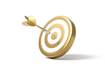 Golden arrow aim to dartboard target or goal of success isolated on white background with complete achievement concept. 3D rendering. - obrazy, fototapety, plakaty