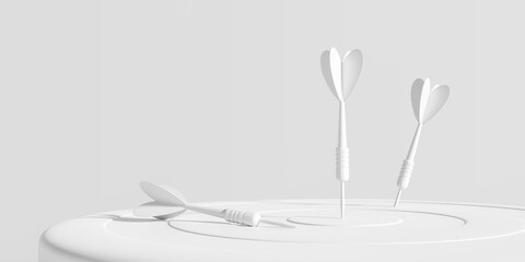 White arrow aim to dartboard target or goal of success on business background with complete achievement concept. 3D rendering.