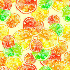 Vintage seamless pattern with watercolors - from tropical fruit, citrus spray, lemon, orange, lime,  grapefruit paint splash. Bright fashionable background. Citrus Tropical Fruit Watercolor