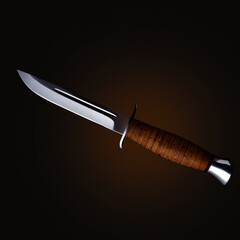 Hunting knife with a wooden handle on a dark background.