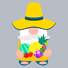 Cute gnome with fruits, vector illustration