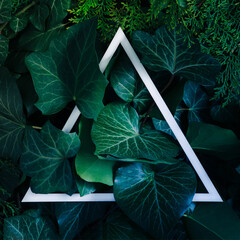 Creative spring or summer layout made with natural green leaves, triangle frame and neon light. Flat lay. Nature concept.