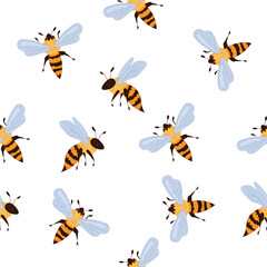 Seamless pattern with design of bees, flat vector illustration on white background. Repeatable seamless pattern with honey bee. Design of textile print or wrapping.