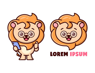 CUTE LION WEARING A GLASSES AND HOLD A SMARTPHONE.