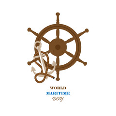 Vector illustration dedicated to the World Sea Day. Steering wheel, anchor and rope. Banner, poster, sign, symbol. For various design purposes.