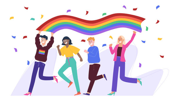 Flat Style Vector Illustration Of People Running And Holding Rainbow  Flag Swirly Above Their Head On Confetti Background. Pride Month Celebration. Lesbian, Gay, Transgender Love.