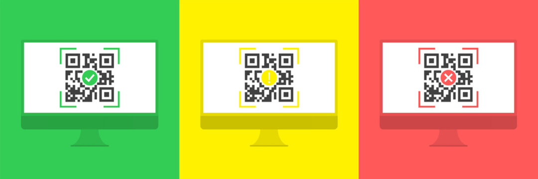 Business icons and techniques - QR Codes complete, warning, error on desktop PC