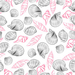 Seamless pattern with black and pink seashells