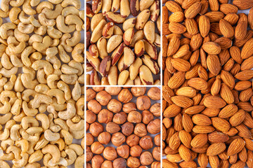 Collage of various types of nuts, food background. Cashew, hazelnuts,  almonds and Brazil nuts close up. Healthy vegetarian snacks. Protein-containing food