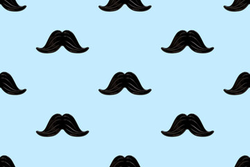 Black mustache seamless pattern on a blue background. Happy father's day and masculinity concept. Retro stylish design for wrapping paper, fabrics, man textiles, clothes for a boy - obrazy, fototapety, plakaty