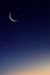 Obraz na płótnie Canvas Night Sky with Crescent Moon and Stars Shining, Landscape Dramatic Dark Blue, Purple and OrangeSky, Beautiful Panoramic view of Dusk Sky and Twilight, Vector illustration Natural Vertical background