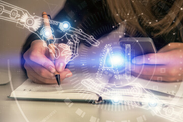 Multi exposure of woman hands working on computer and data theme hologram drawing. Tech concept.