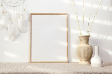 Wooden photo frame mockup with white dream catcher and vase
