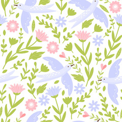 Fototapeta na wymiar Floral elegant seamless pattern with simple flower, leaves and birds. Vector design for fabric, wrapping paper, packaging, wallpaper etc.