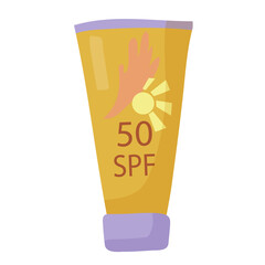 Sunscreen. Protects your skin from the harmful rays of the sun. SPF 50. A must-have for vacations and travel. element for your design. Simple flat illustration