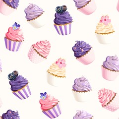 Seamless vector pattern with pastel pink cupcakes