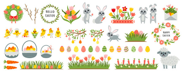Easter design elements with rabbit, chick, spring flower, egg. Spring set - flowers, birds, wreaths and others. Perfect for scrapbooking, greeting card, party invitation, poster, tag, sticker set