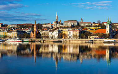 Hungary, Budapest, beautiful architecture, fishermen's bastion on the banks of the Danube, reflection in the water