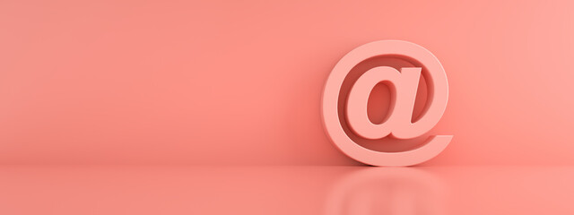 pink mail 3d render design element email sign, @ symbol, panoramic image