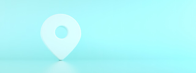 Location pin map 3 d render over blue background, navigation symbol, panoramic mock-up image