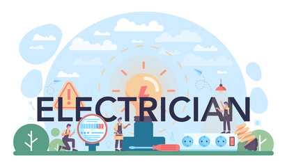 Electrician typographic header. Electricity works service worker
