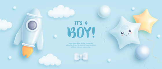 Baby shower horizontal banner with cartoon rocket and helium balloons on blue background. It's a boy. Vector illustration