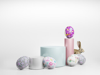 3D trendy Easter greeting with 3d product podium, spring flower, Green grass field cloud, Easter egg and bunny. Spring floral Modern 3d Easter graphic concept. 3d rendering