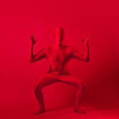 crazy red man on a red background. figure in a leotard covering the whole body