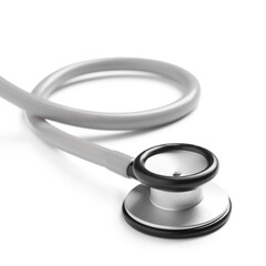 Modern stethoscope on white background, closeup view