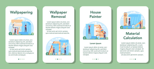 Wall papering mobile application banner set. Worker gluing wallpapers