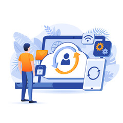 Cloud technology computing scene. User syncs accounts. Wireless tech, cloud storage software, personal data protection, online services concept. Vector illustration of people characters in flat design