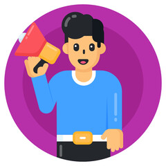 
Man with speakers making an announcement, flat round icon 

