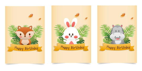 Set banner Invitation birthday greeting card with a cute animal. character jungle animals celebrate and template invitation papercraft style vector illustration.
