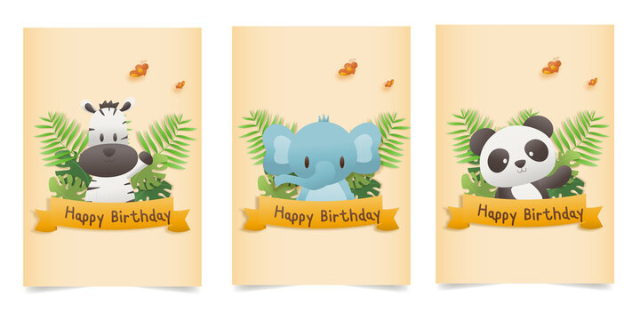 Set banner Invitation birthday greeting card with a cute animal. character jungle animals celebrate and template invitation papercraft style vector illustration.