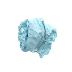 Crumpled sheet of light blue paper isolated on white, top view